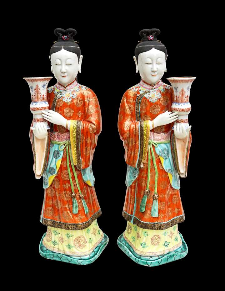 Pair of Chinese Export Porcelain figural candlesticks